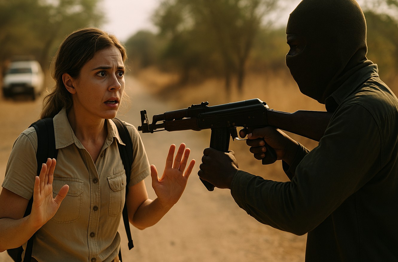 A frightened female tour guide stands with her hands raised as a masked man points a rifle at her on a remote dirt road in the African bush, with a safari vehicle blurred in the background.