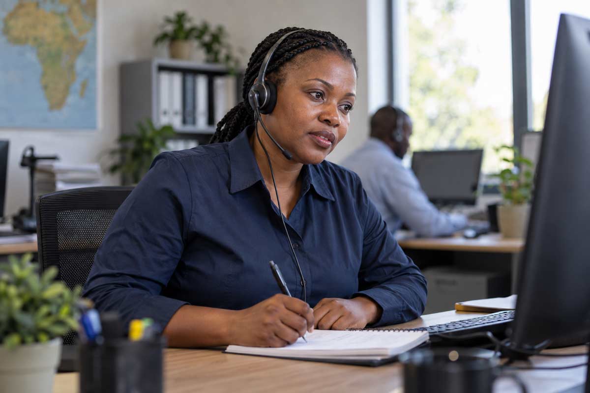 Operator wearing a headset and taking notes at a computer, with a map of Africa on the office wall