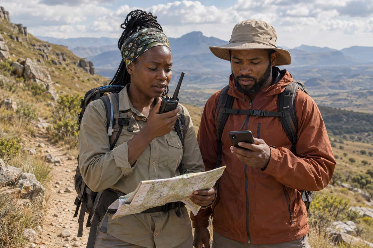 Two hikers using a handheld radio, smartphone and paper map on a remote mountain trail
