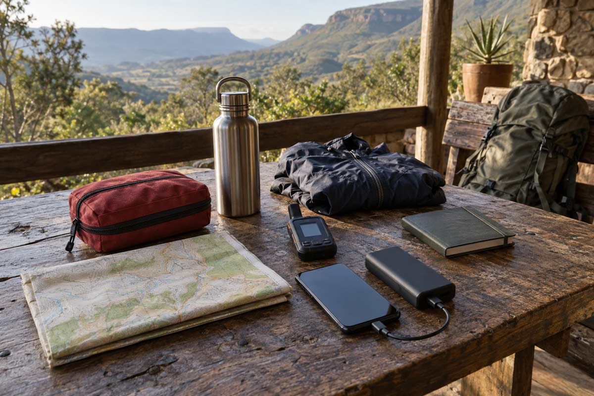 Hiking equipment on a wooden table, including a map, water bottle, communication device and phone charging from a power bank