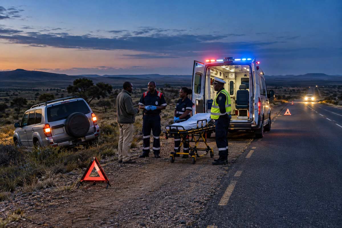 Emergency responders and an ambulance attending a vehicle accident on a remote African road.