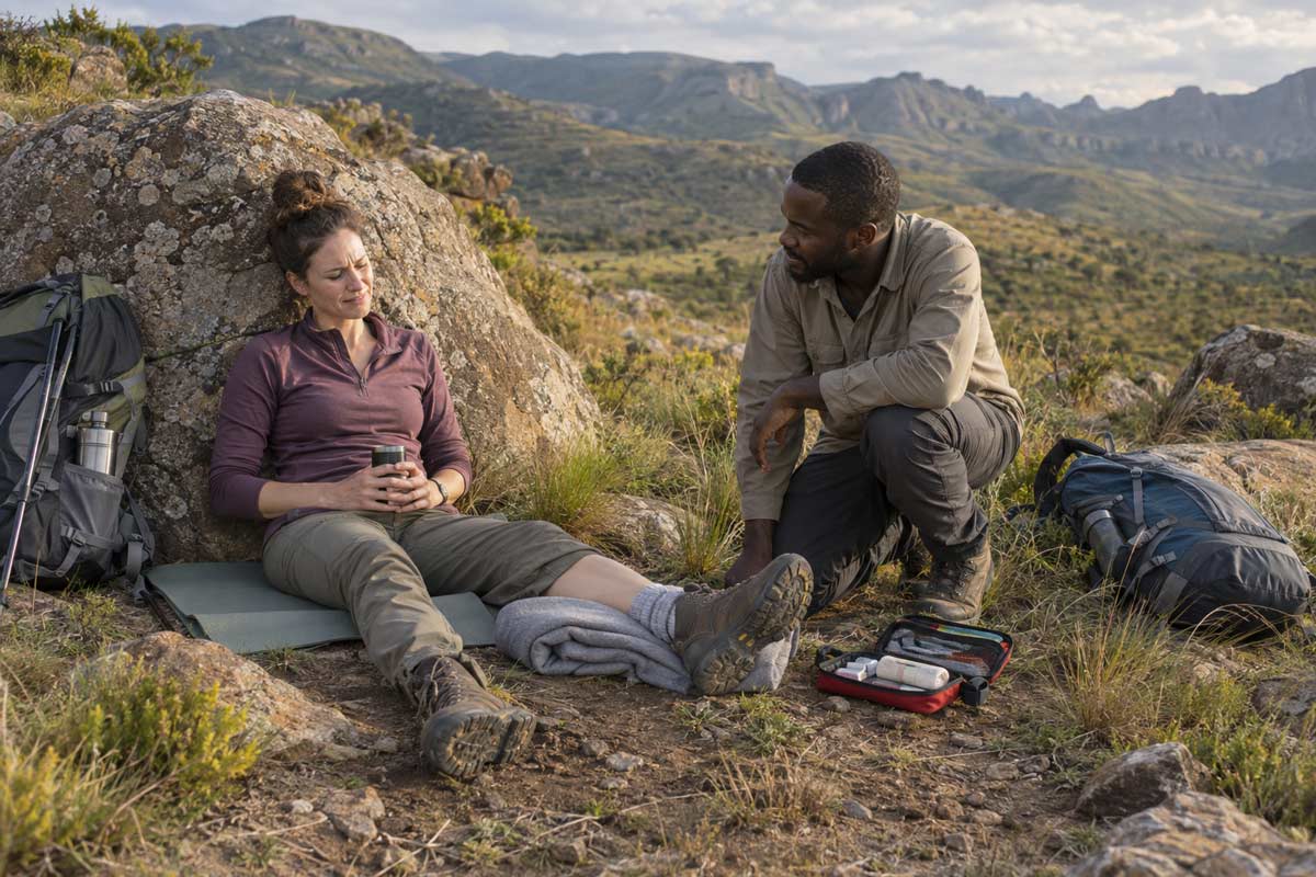 Injured hiker resting with her ankle supported on a folded blanket while a companion kneels beside a first aid kit