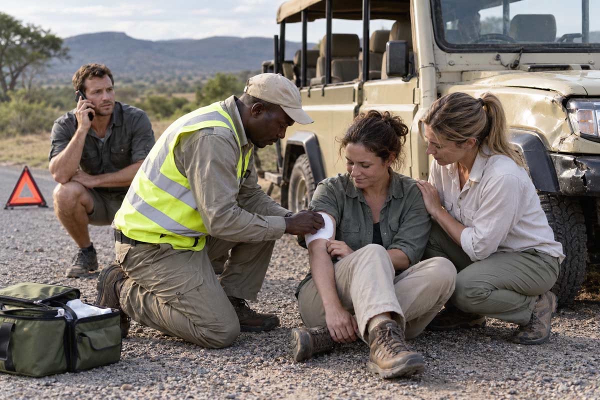 Safari guide providing first aid to an injured traveller following a roadside accident in Africa.