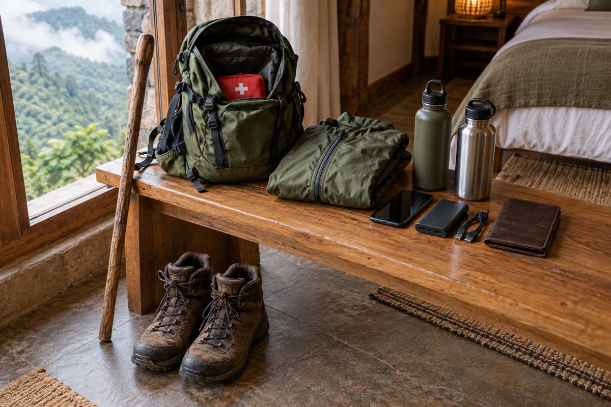 Gorilla trekking kit with walking boots, a walking stick, water bottles, a first aid kit, smartphone and power bank