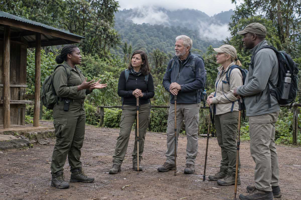 Ranger giving a gorilla trekking safety briefing to walkers with rucksacks and walking sticks at a forest trailhead