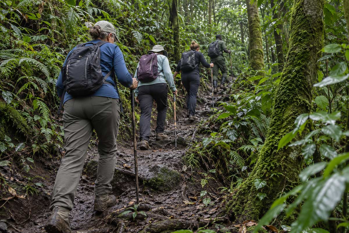 Trekkers following a guide up a steep, muddy forest trail with walking sticks during a gorilla trek