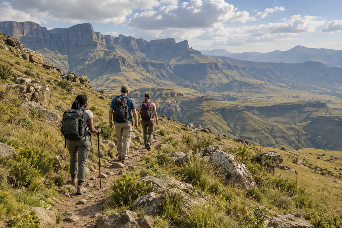 Three hikers carrying backpacks along a rocky mountain trail in Africa, overlooking a wide valley