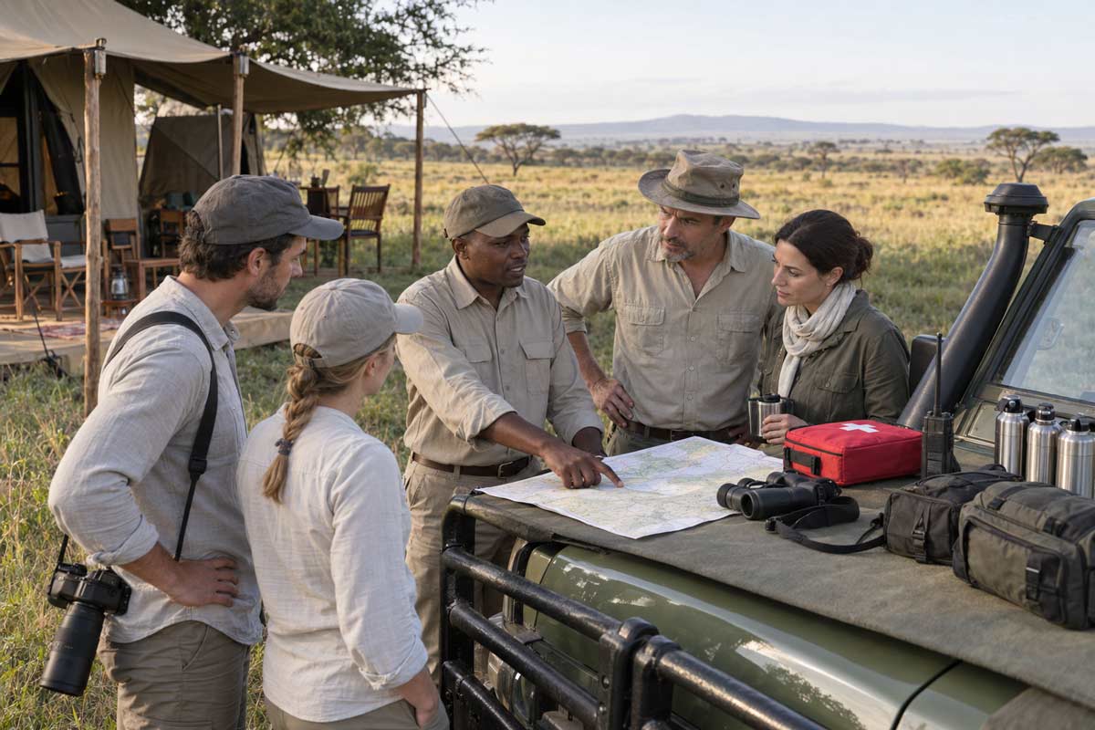 Safari guide briefing tourists beside their vehicle at a Serengeti camp