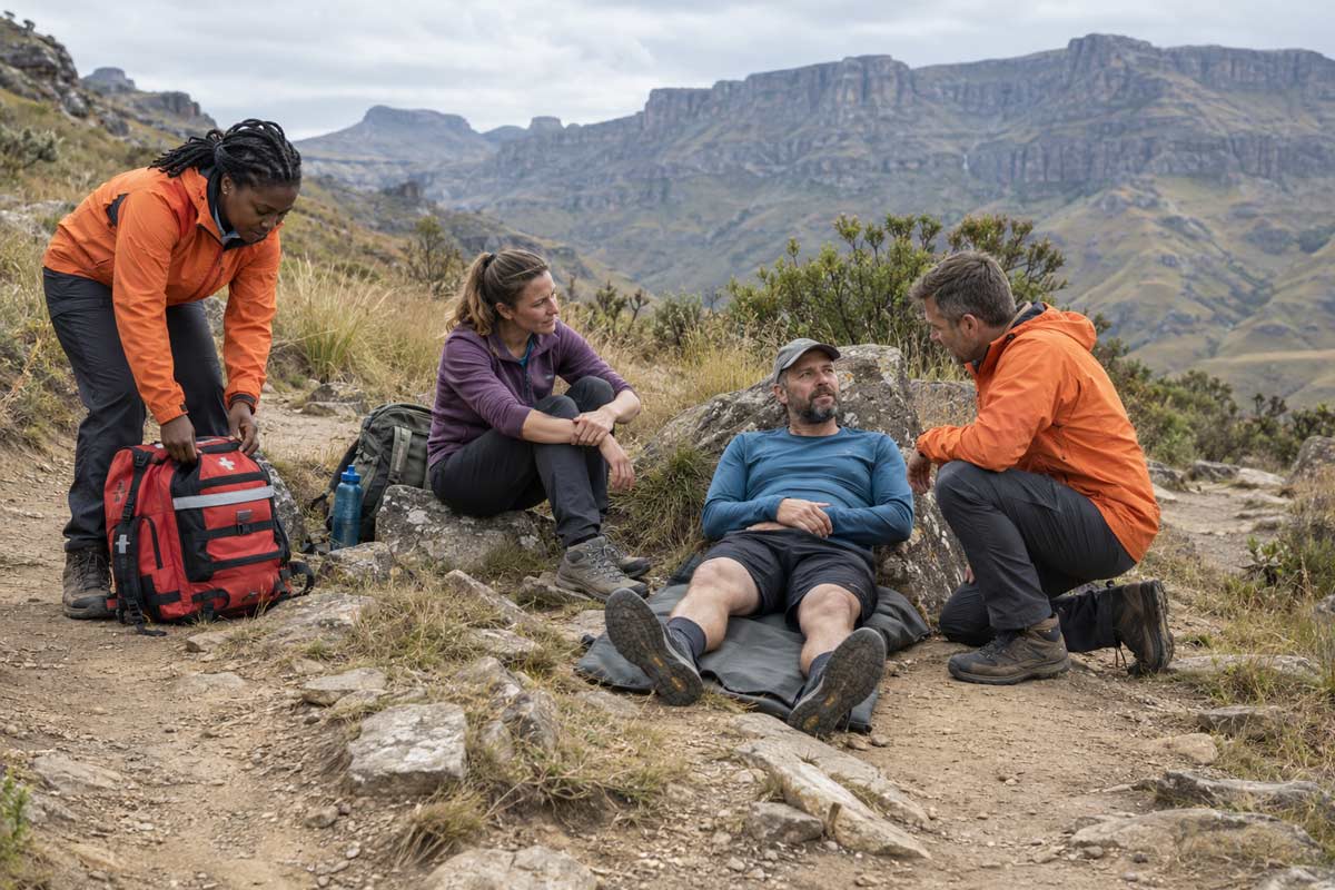 Two rescue workers assisting an injured hiker on a rocky mountain trail, with a companion and medical bag nearby