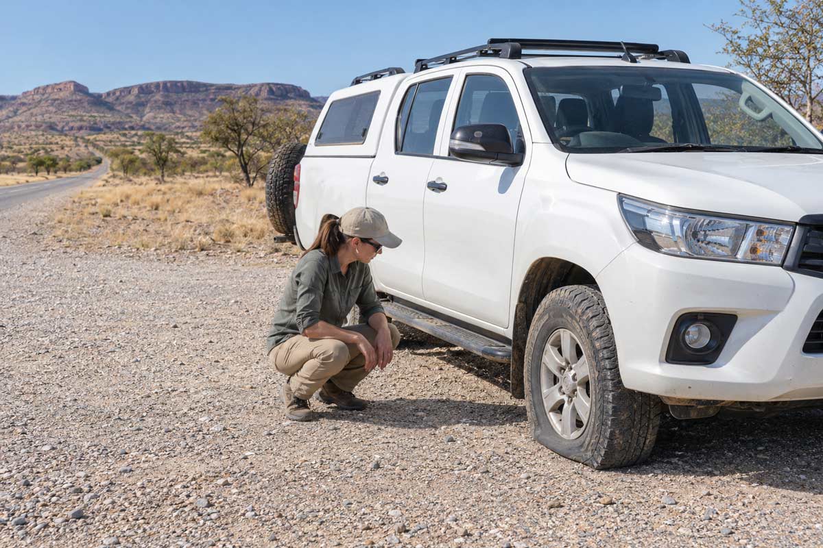 Traveller inspecting a 4x4 tyre beside a remote road as part of a Namibia self-drive safety check.