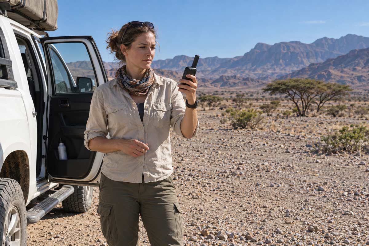 Traveller using a satellite phone beside a 4x4 in Namibia’s remote mountain landscape.