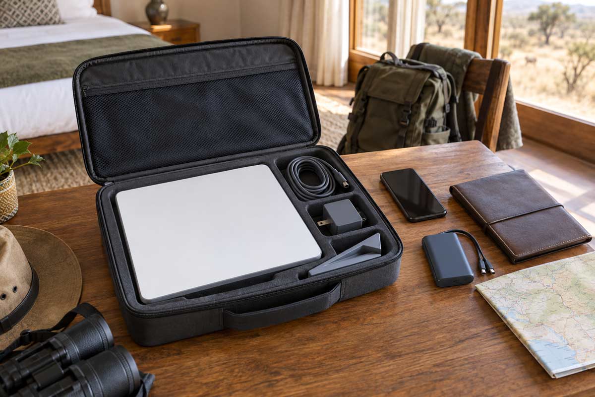 Portable Starlink terminal, cables and adapter in a travel case beside a smartphone, power bank and map