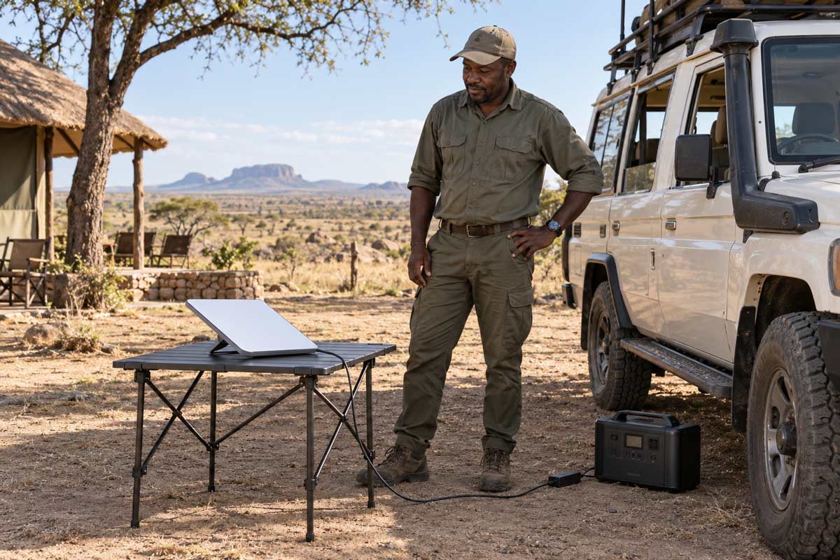 Safari guide beside a Starlink terminal connected to a portable power station near a parked 4x4