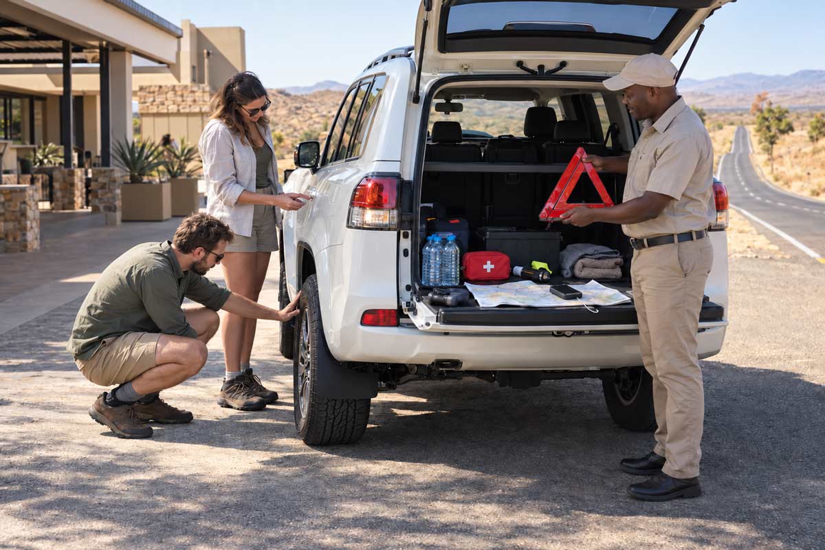 Travellers checking a rental vehicle and emergency equipment before beginning a self-drive journey in Africa.