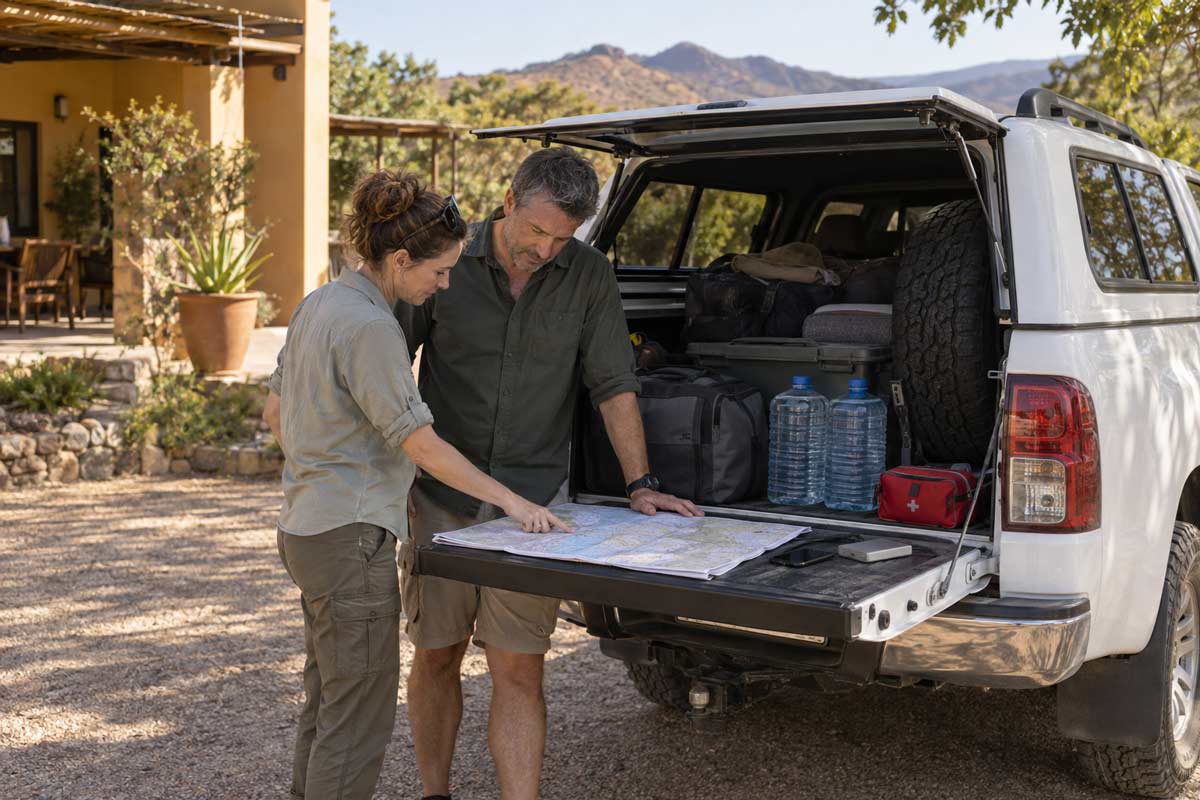 Travellers checking a Namibia route map beside a 4x4 stocked with water, a spare tyre and a first aid kit