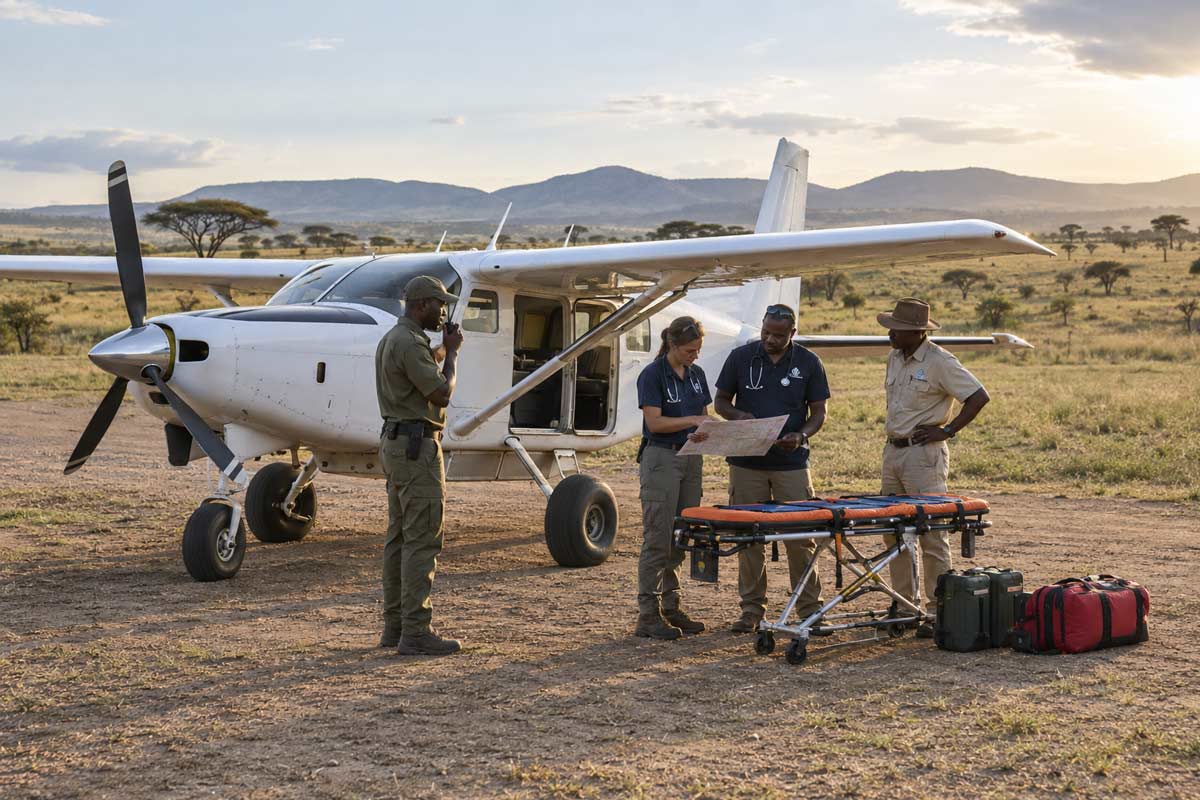Medical emergency team preparing an air evacuation from the Serengeti