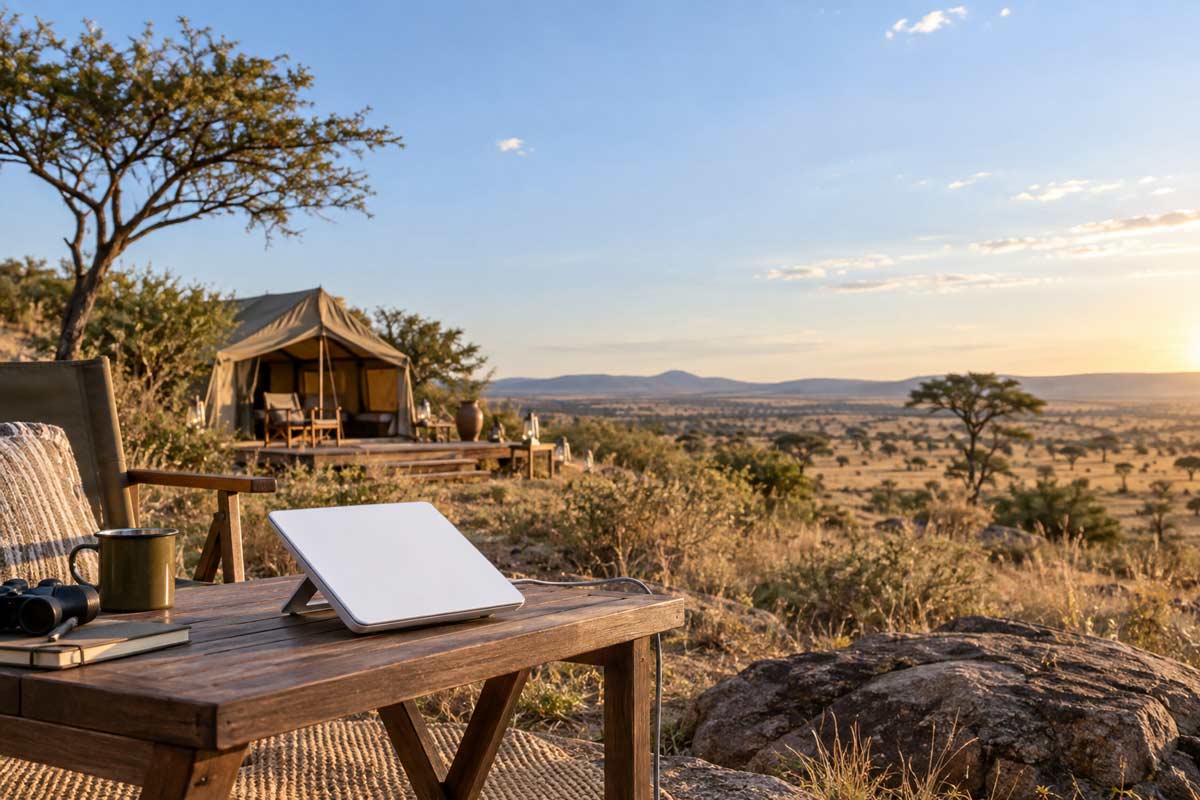 Starlink terminal on a wooden table at a remote African safari camp overlooking open savannah at sunset