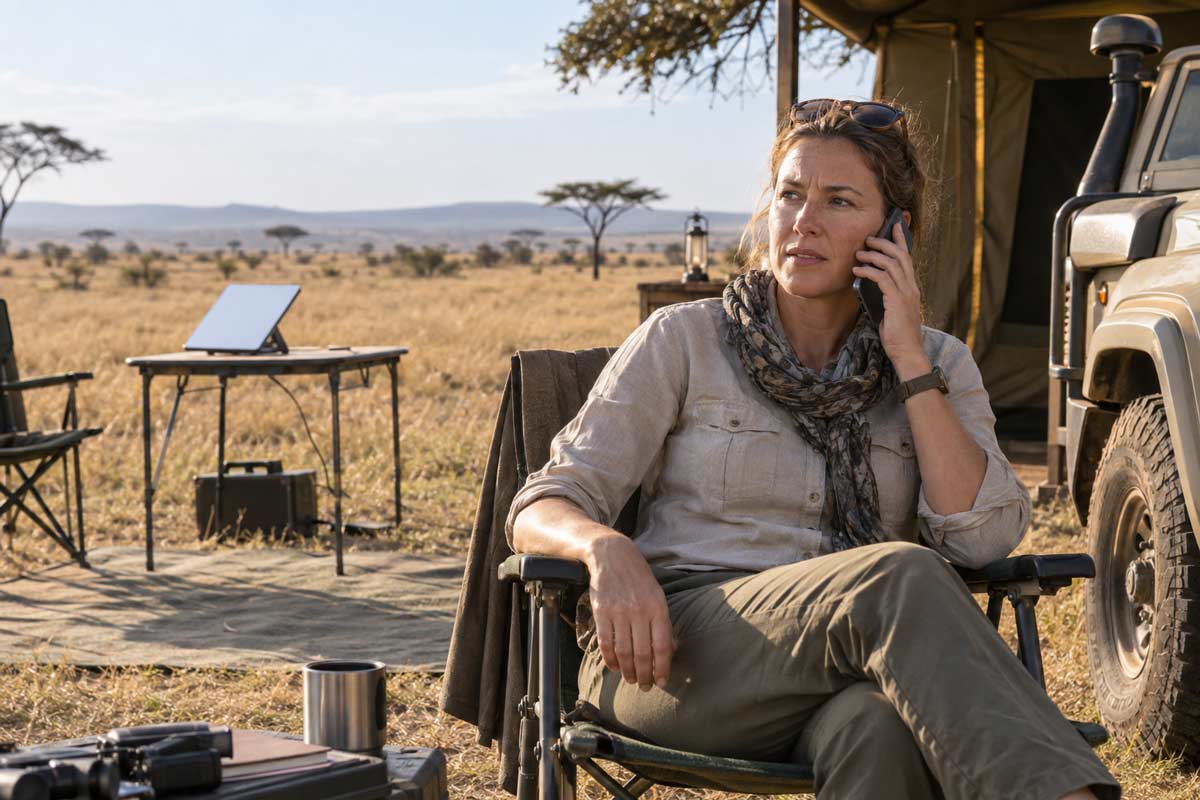 Traveller using a mobile phone at an African safari camp, with a Starlink terminal and portable power station nearby.