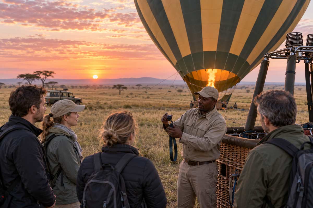 Guide giving travellers a hot-air balloon safety briefing in the Serengeti