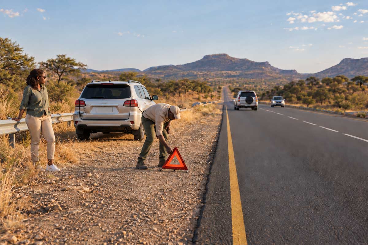 Travellers placing a warning triangle beside a damaged vehicle after a road accident in Africa